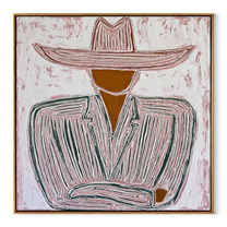 Pale Brim Folds Gray - gray striped seated figure painting by Elliot Vale, modern figurative square wall art - wood frame on white background