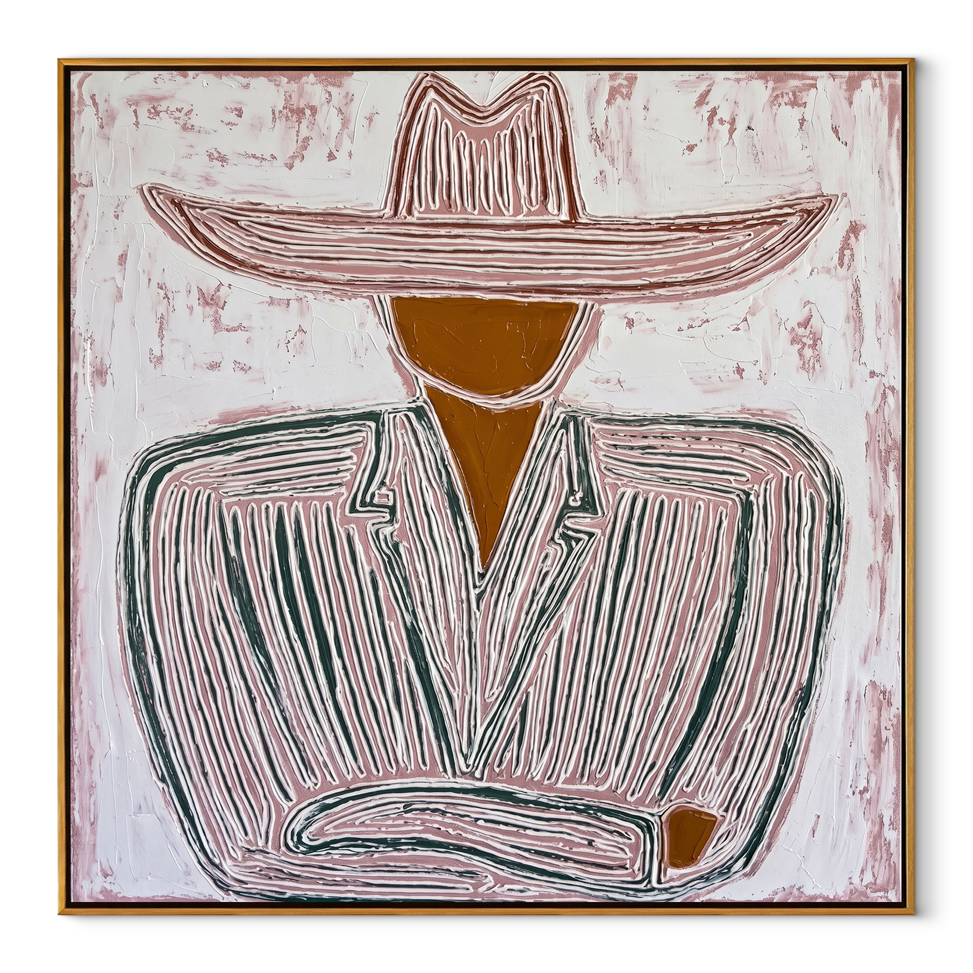 Pale Brim Folds Gray - gray striped seated figure painting by Elliot Vale, modern figurative square wall art - wood frame on white background