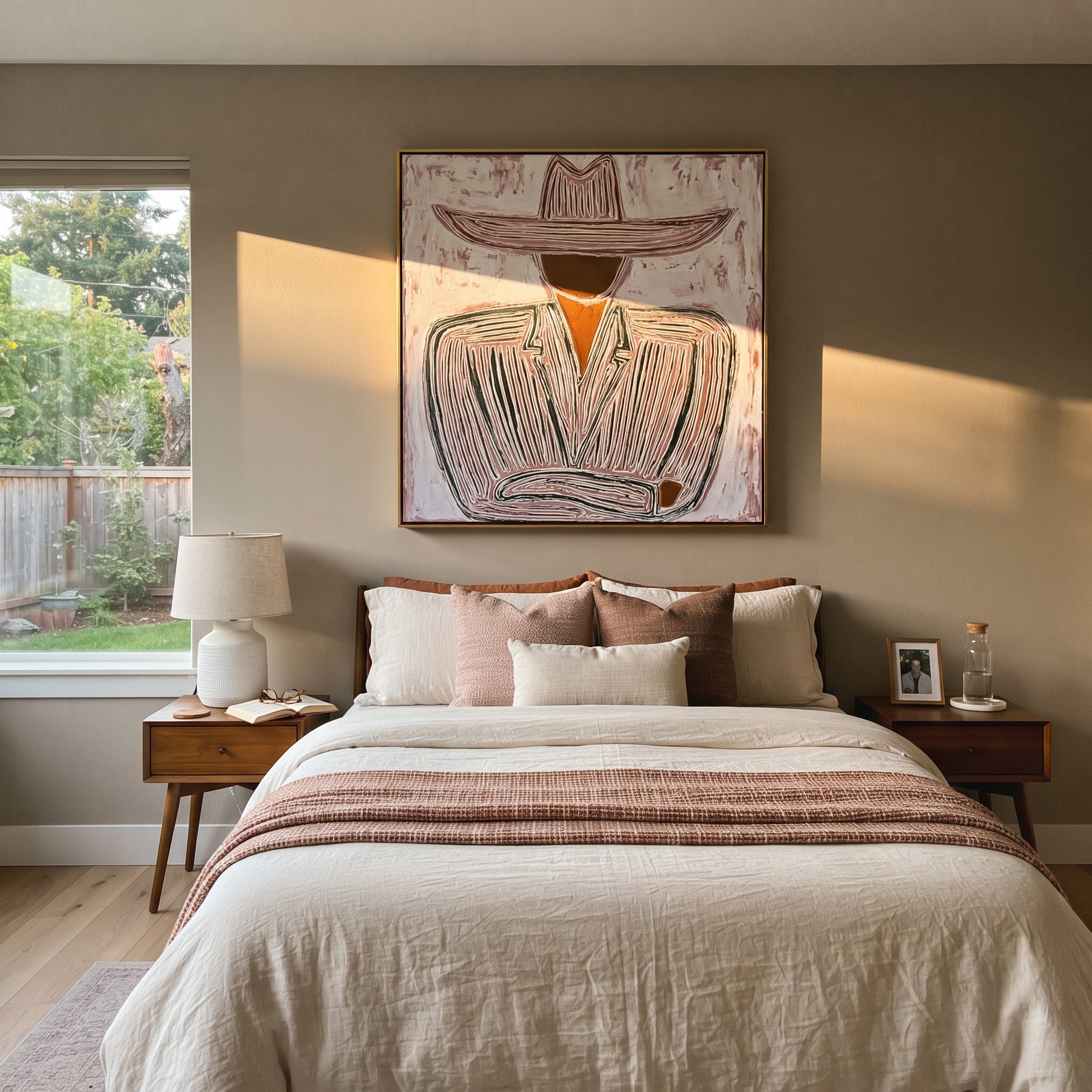 Pale Brim Folds Gray - gray striped seated figure painting by Elliot Vale, modern figurative square wall art - styled room scene view 2