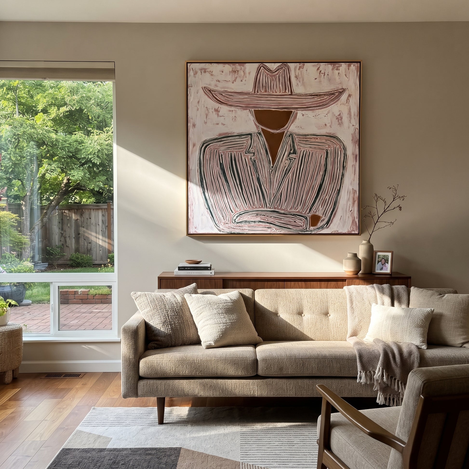 Pale Brim Folds Gray - gray striped seated figure painting by Elliot Vale, modern figurative square wall art - styled room scene view 5