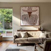 Pale Brim Folds Gray - gray striped seated figure painting by Elliot Vale, modern figurative square wall art - styled room scene view 5