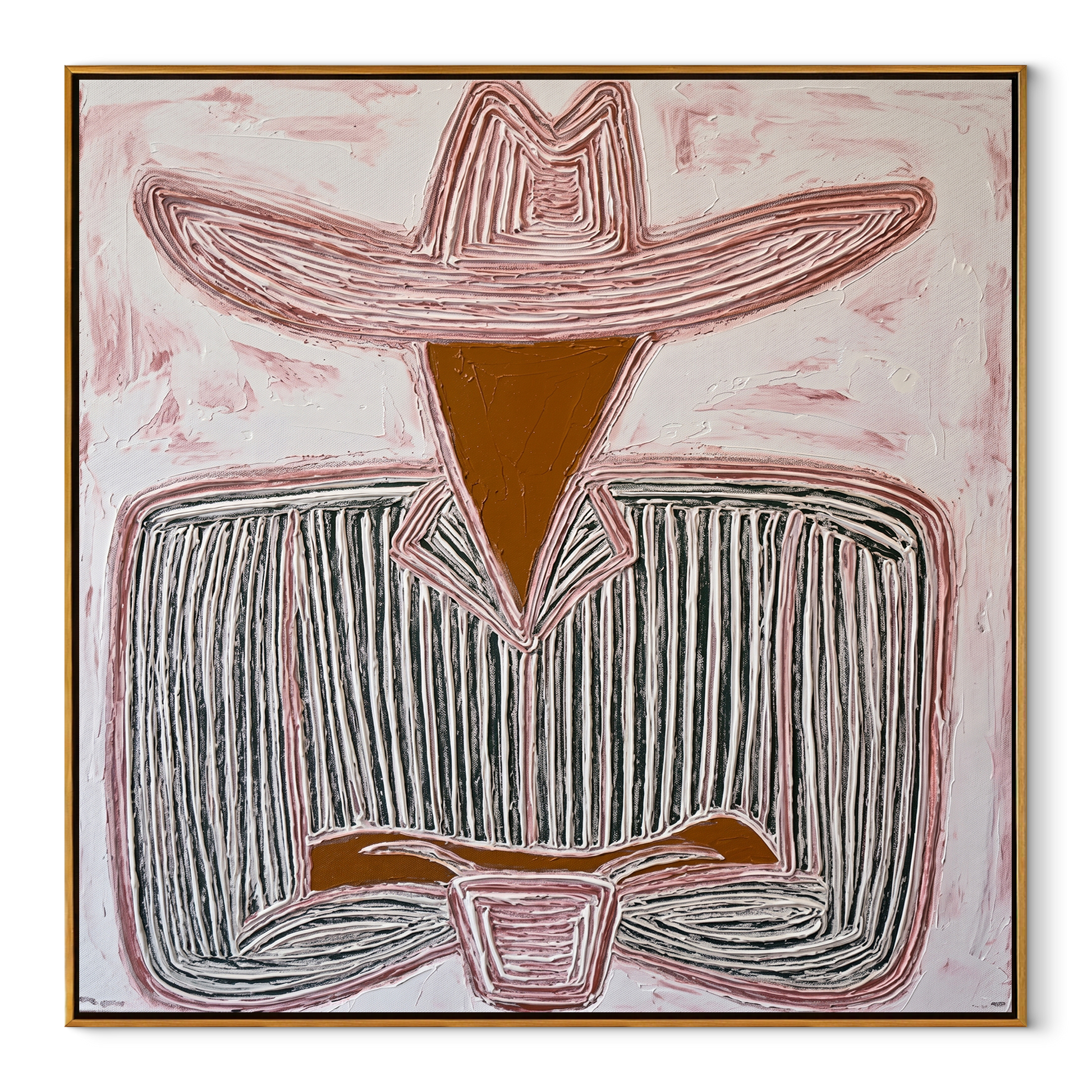 White Brim Guards Wine - seated sombrero cup painting by Elliot Vale, modern figurative square wall art - wood frame on white background