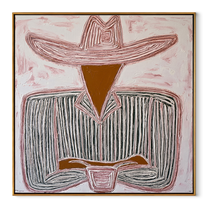 White Brim Guards Wine - seated sombrero cup painting by Elliot Vale, modern figurative square wall art - wood frame on white background