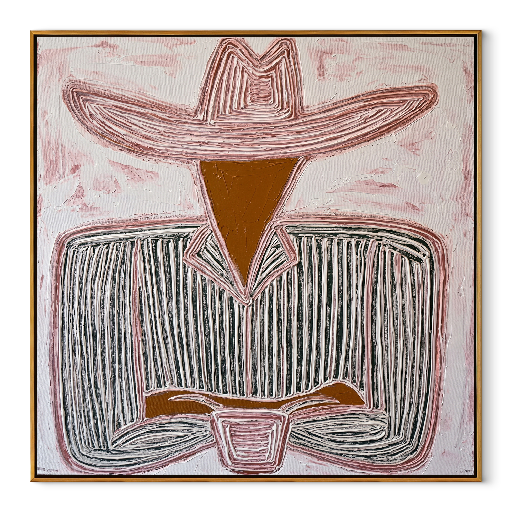 White Brim Guards Wine - seated sombrero cup painting by Elliot Vale, modern figurative square wall art - wood frame on white background