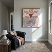 White Brim Guards Wine - seated sombrero cup painting by Elliot Vale, modern figurative square wall art - styled room scene view 3