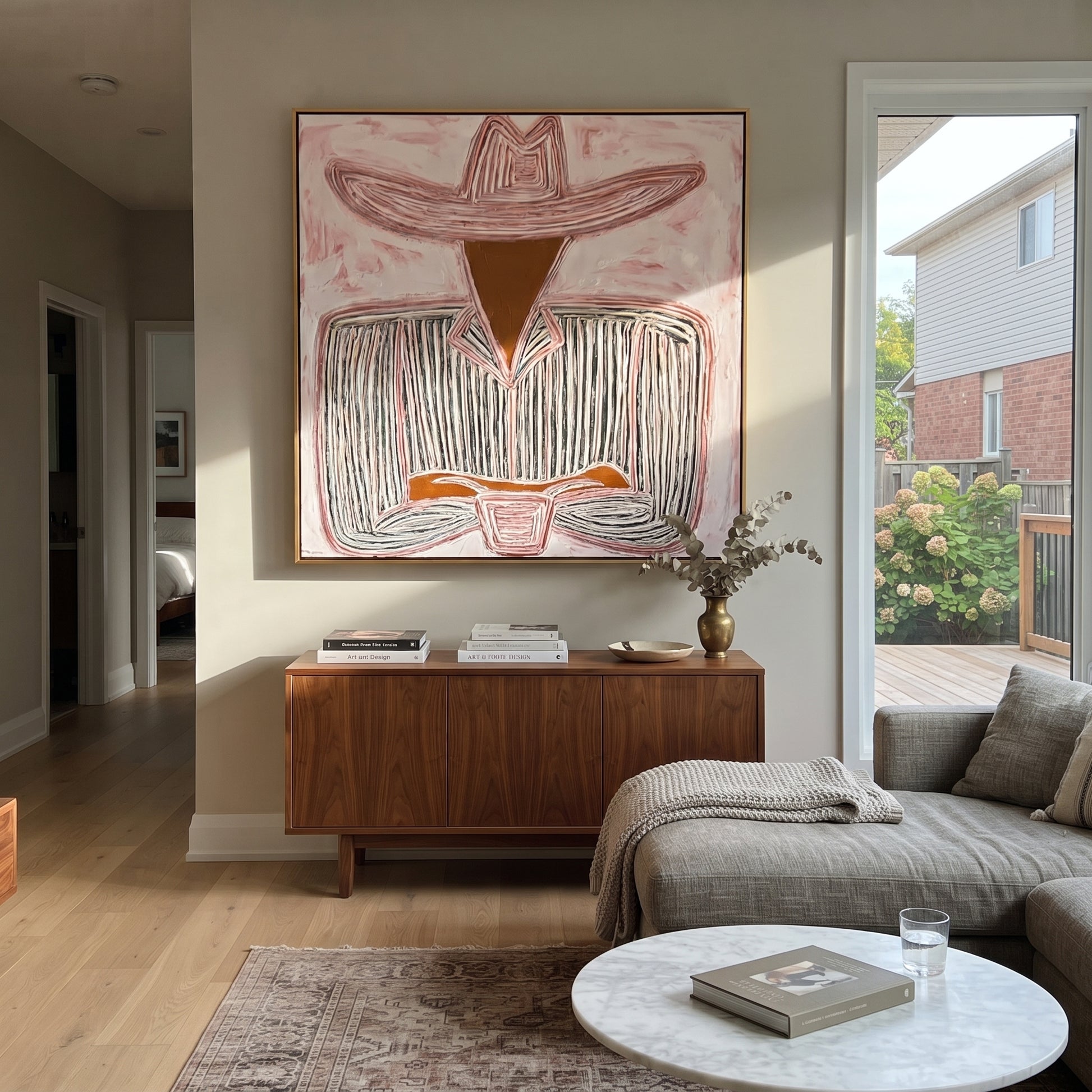 White Brim Guards Wine - seated sombrero cup painting by Elliot Vale, modern figurative square wall art - styled room scene view 4