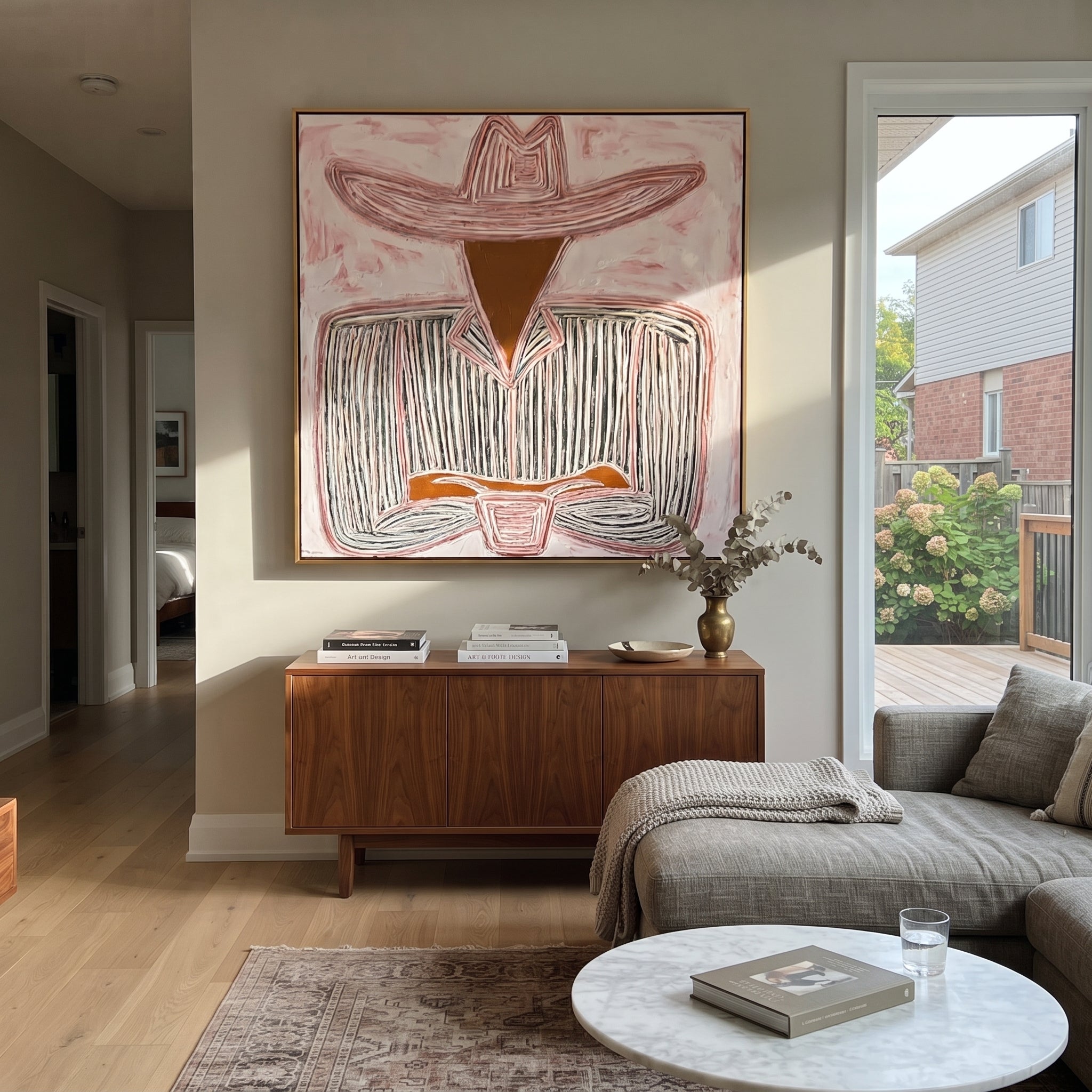 White Brim Guards Wine - seated sombrero cup painting by Elliot Vale, modern figurative square wall art - styled room scene view 4