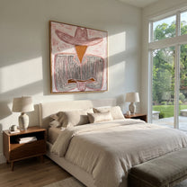 White Brim Guards Wine - seated sombrero cup painting by Elliot Vale, modern figurative square wall art - styled room scene view 5