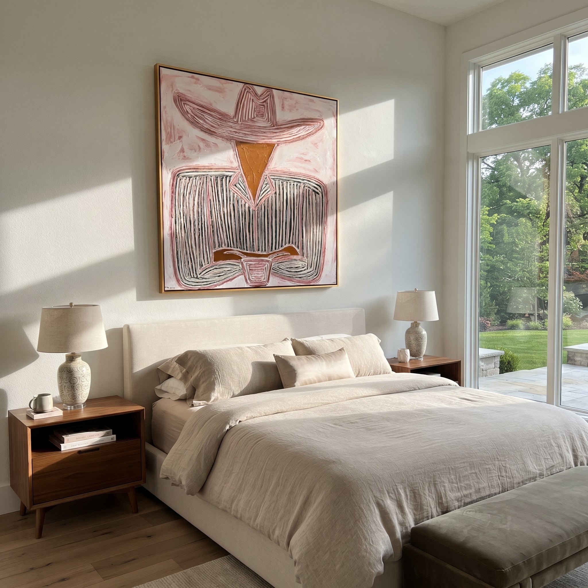 White Brim Guards Wine - seated sombrero cup painting by Elliot Vale, modern figurative square wall art - styled room scene view 5