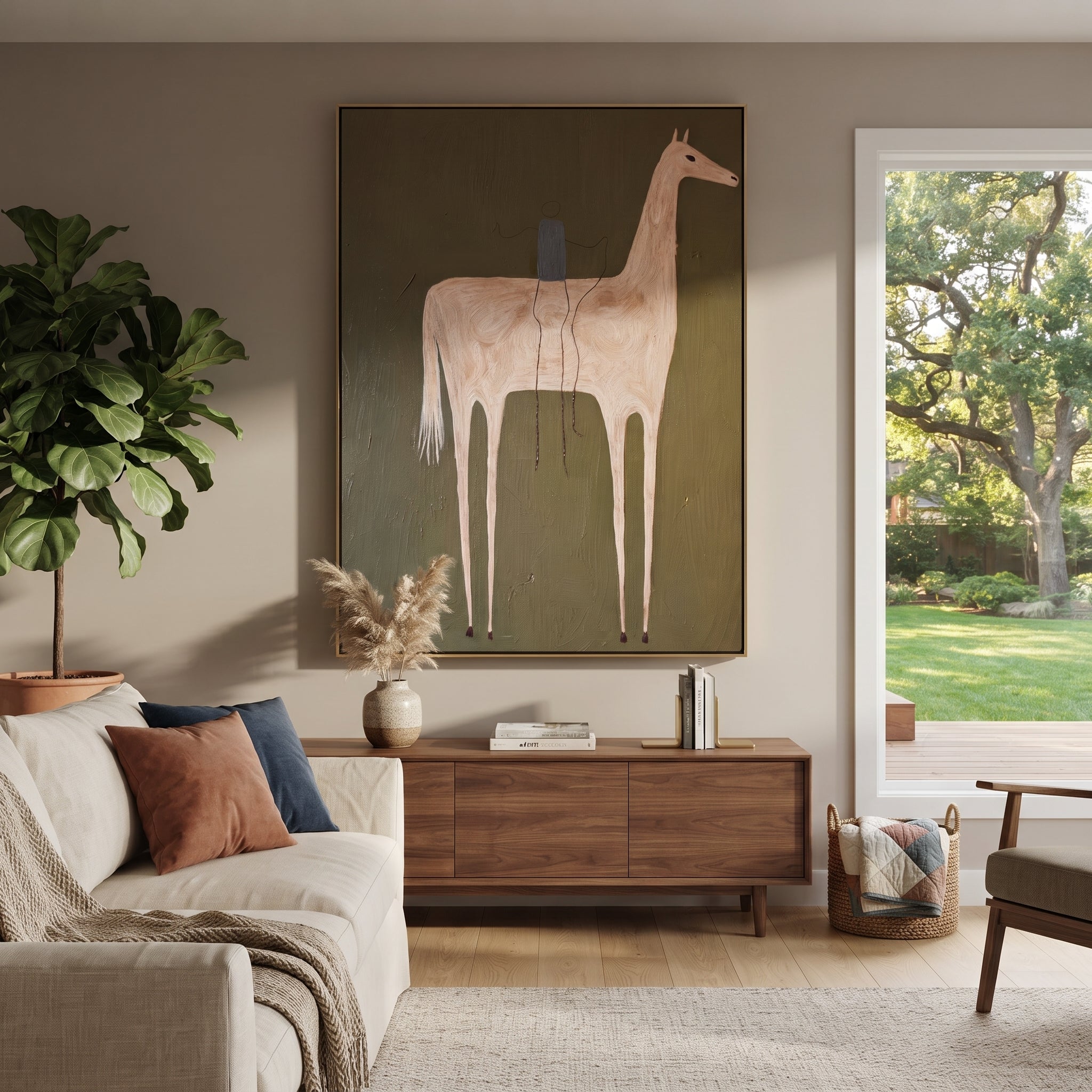 Pale Horse Carries Blue - minimal white horse painting by Elliot Vale, modern figurative vertical wall art - styled room scene view 1
