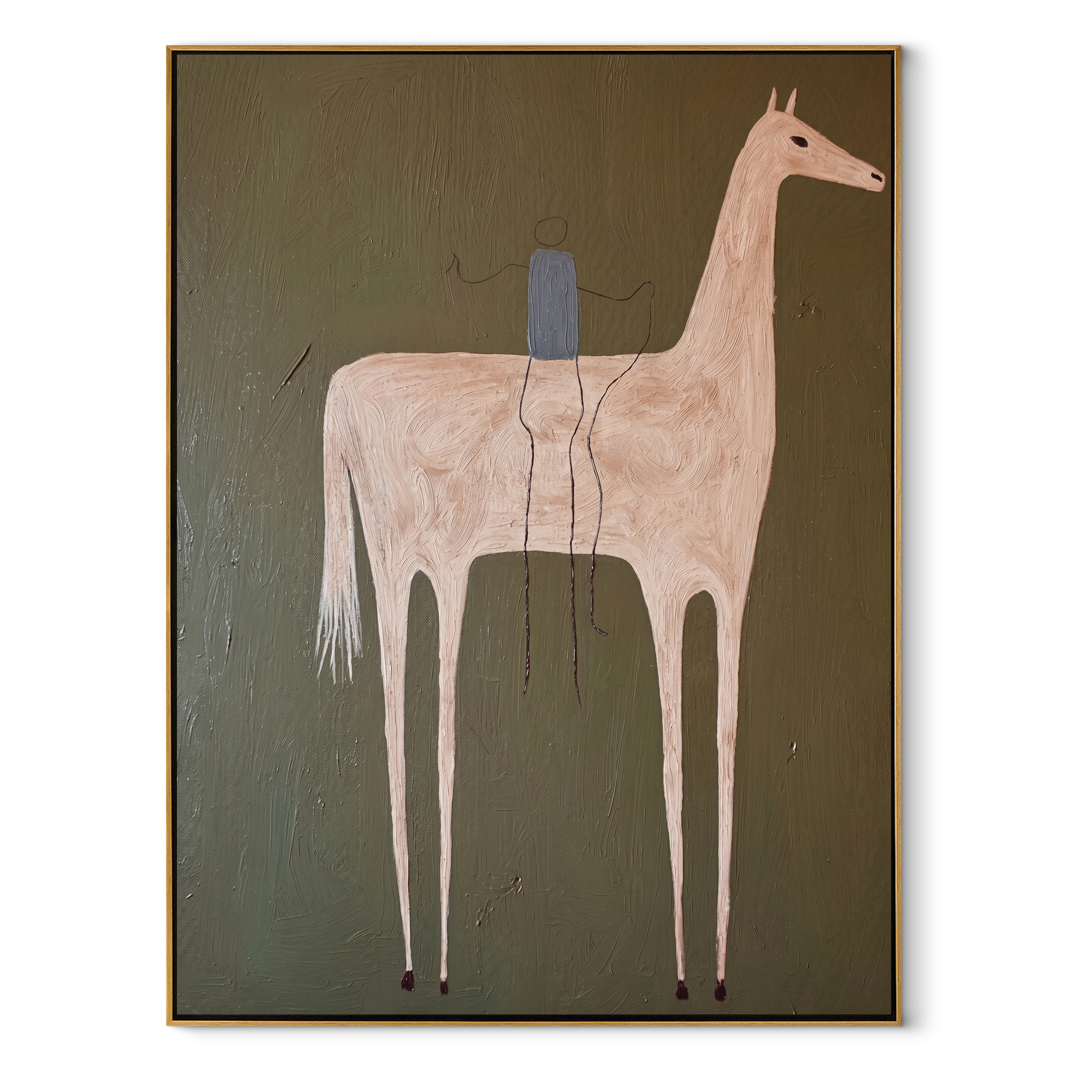 Pale Horse Carries Blue - minimal white horse painting by Elliot Vale, modern figurative vertical wall art - wood frame on white background
