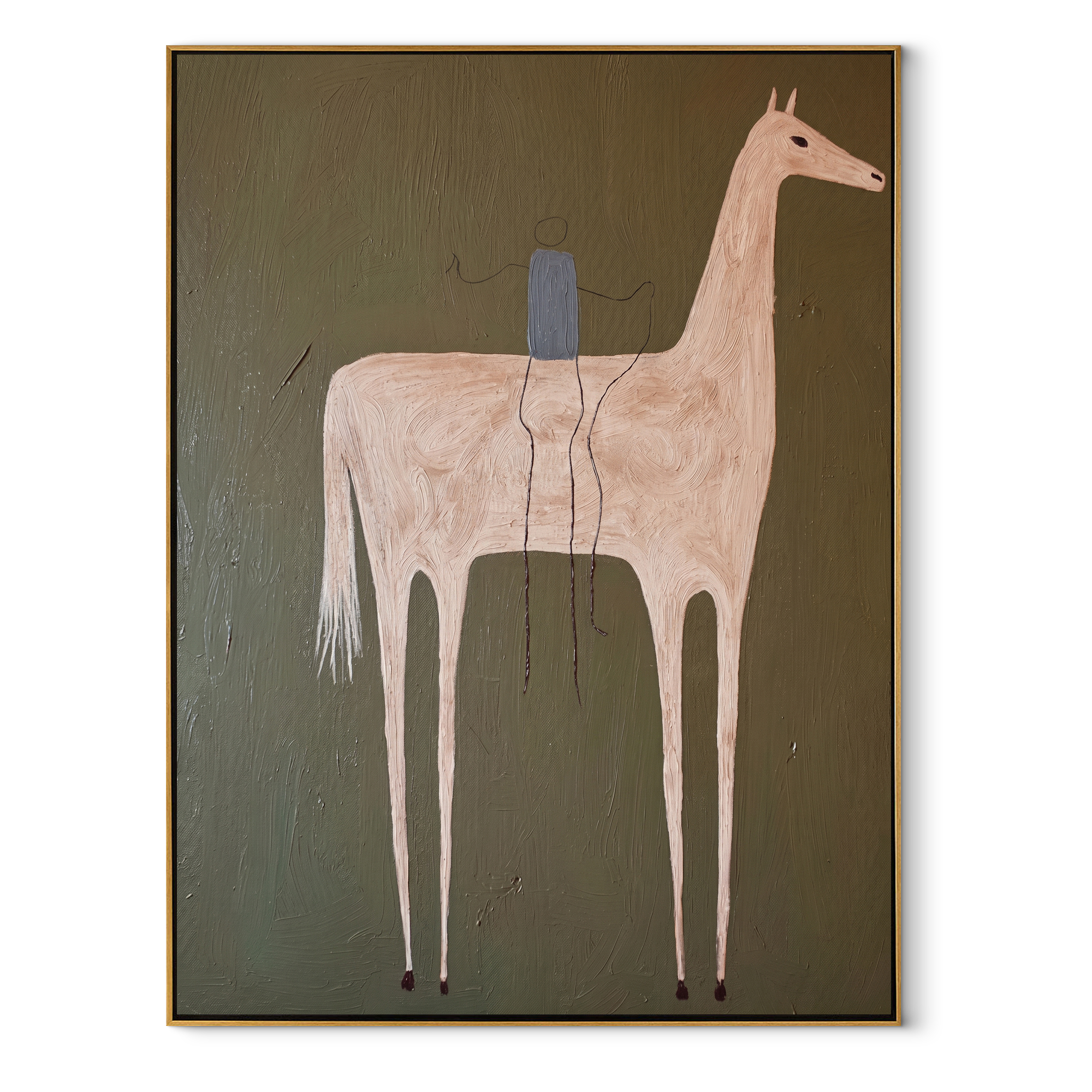 Pale Horse Carries Blue - minimal white horse painting by Elliot Vale, modern figurative vertical wall art - wood frame on white background