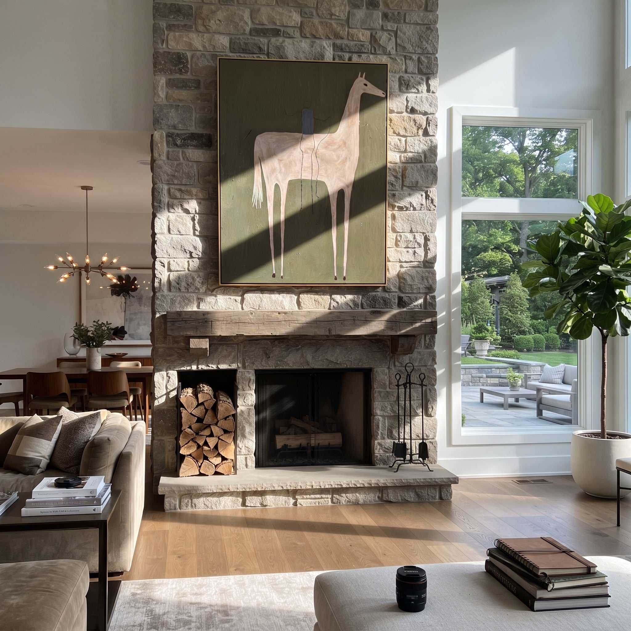 Pale Horse Carries Blue - minimal white horse painting by Elliot Vale, modern figurative vertical wall art - styled room scene view 2