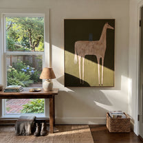 Pale Horse Carries Blue - minimal white horse painting by Elliot Vale, modern figurative vertical wall art - styled room scene view 3