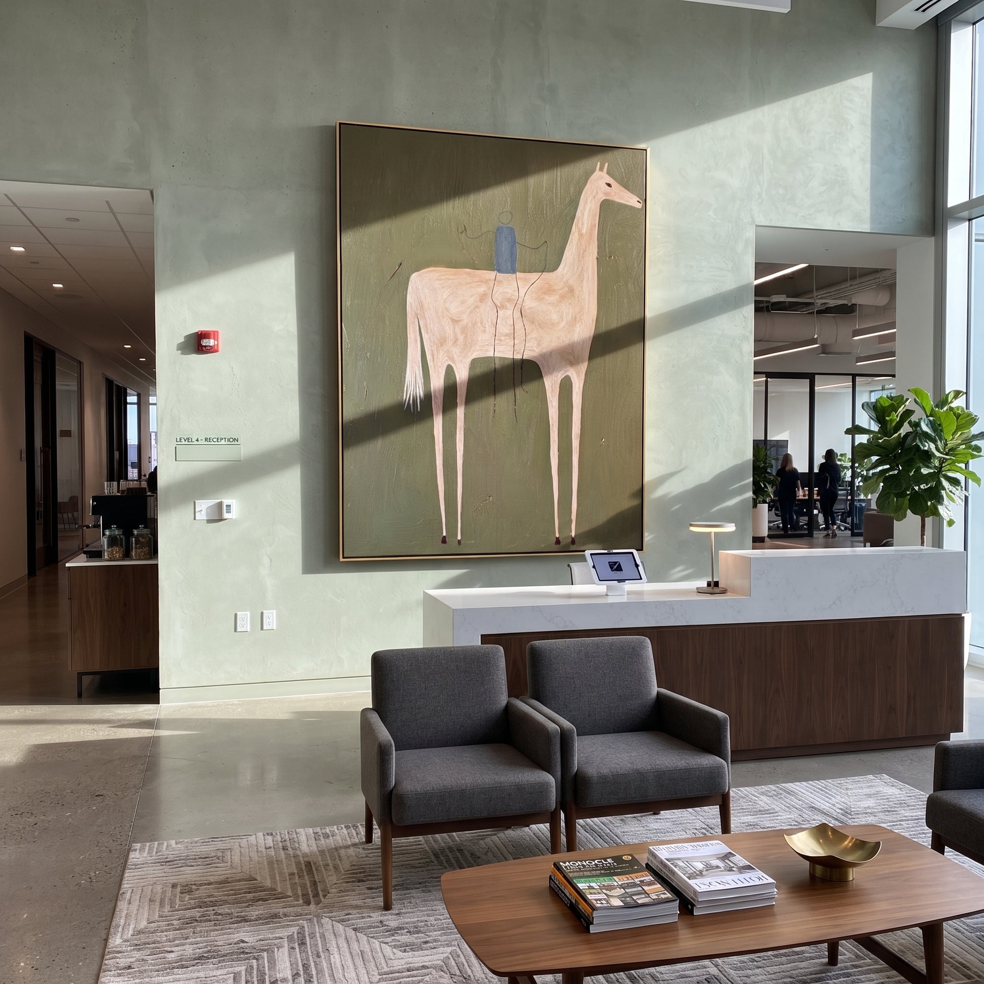 Pale Horse Carries Blue - minimal white horse painting by Elliot Vale, modern figurative vertical wall art - styled room scene view 5