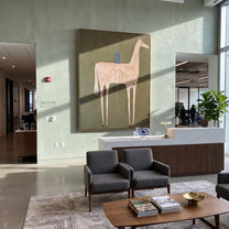 Pale Horse Carries Blue - minimal white horse painting by Elliot Vale, modern figurative vertical wall art - styled room scene view 5