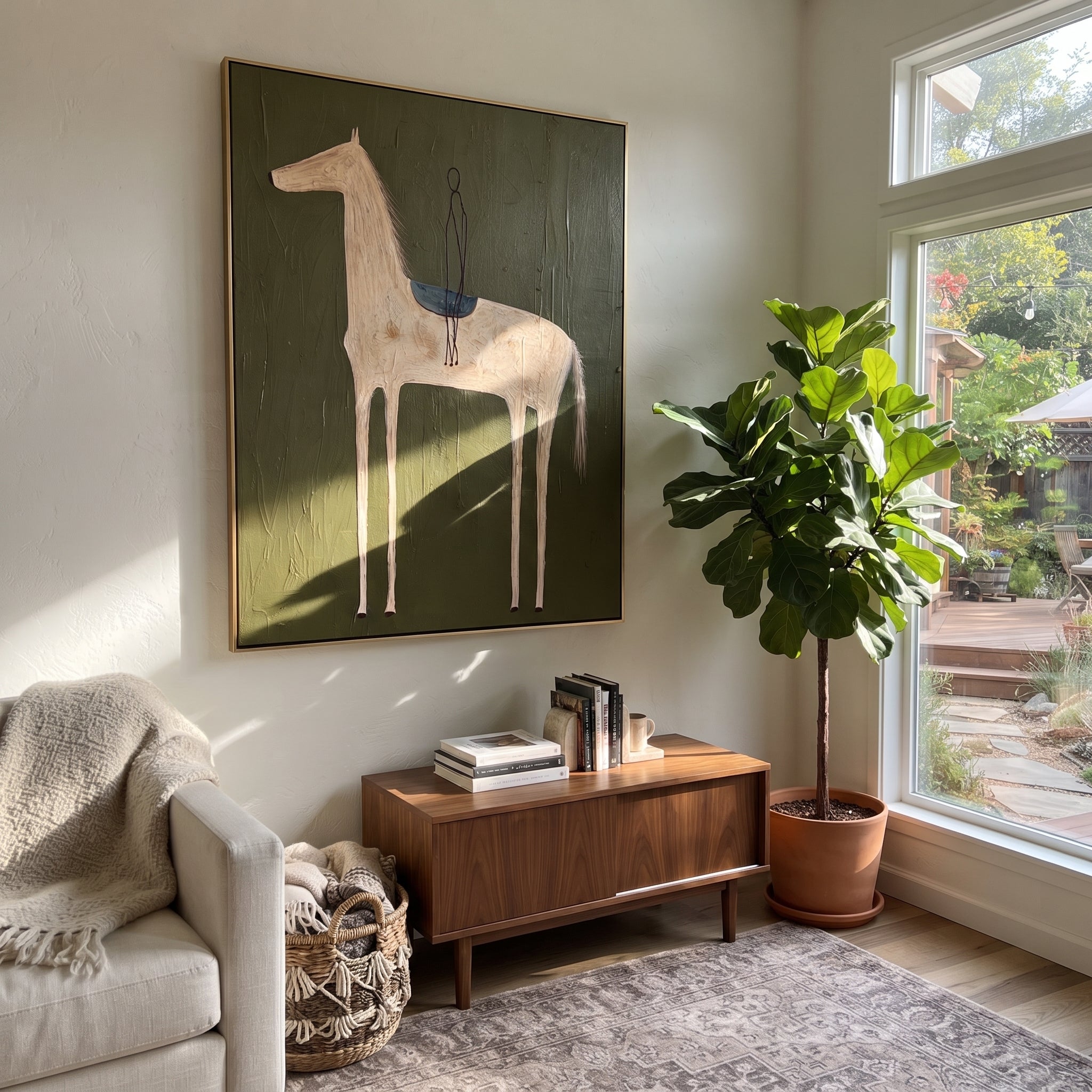 Empty Saddle Waits Green - minimal saddled horse painting by Elliot Vale, modern figurative vertical wall art - styled room scene view 1