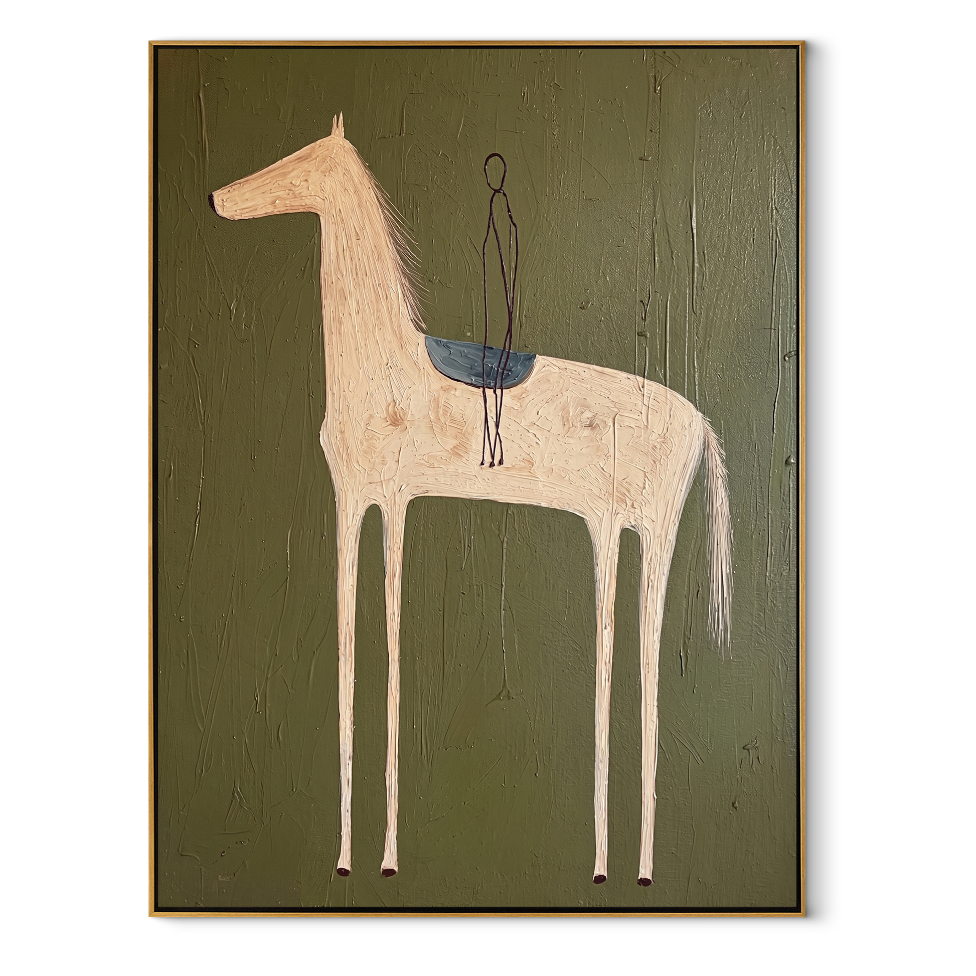 Empty Saddle Waits Green - minimal saddled horse painting by Elliot Vale, modern figurative vertical wall art - wood frame on white background