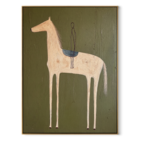 Empty Saddle Waits Green - minimal saddled horse painting by Elliot Vale, modern figurative vertical wall art - wood frame on white background
