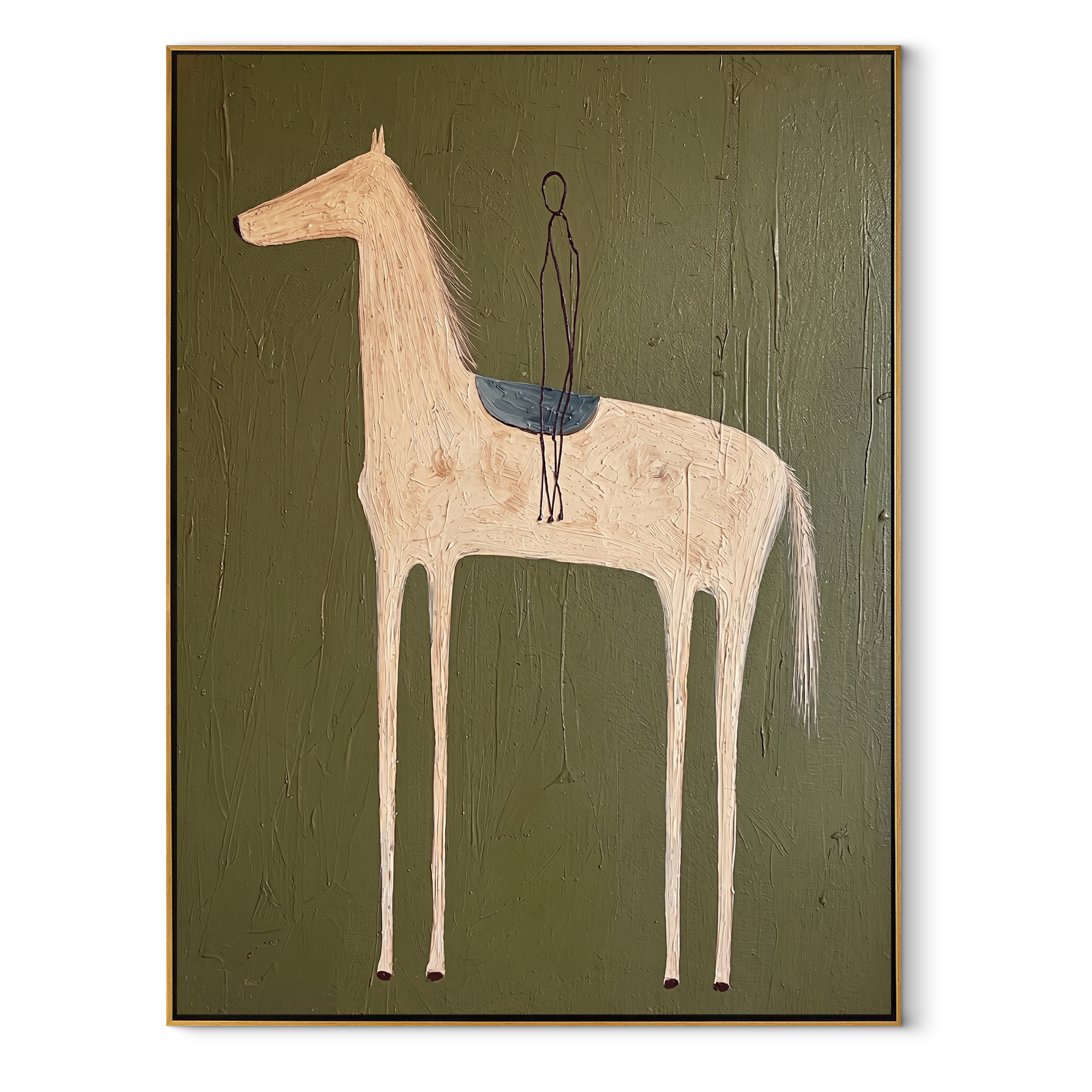 Empty Saddle Waits Green - minimal saddled horse painting by Elliot Vale, modern figurative vertical wall art - wood frame on white background