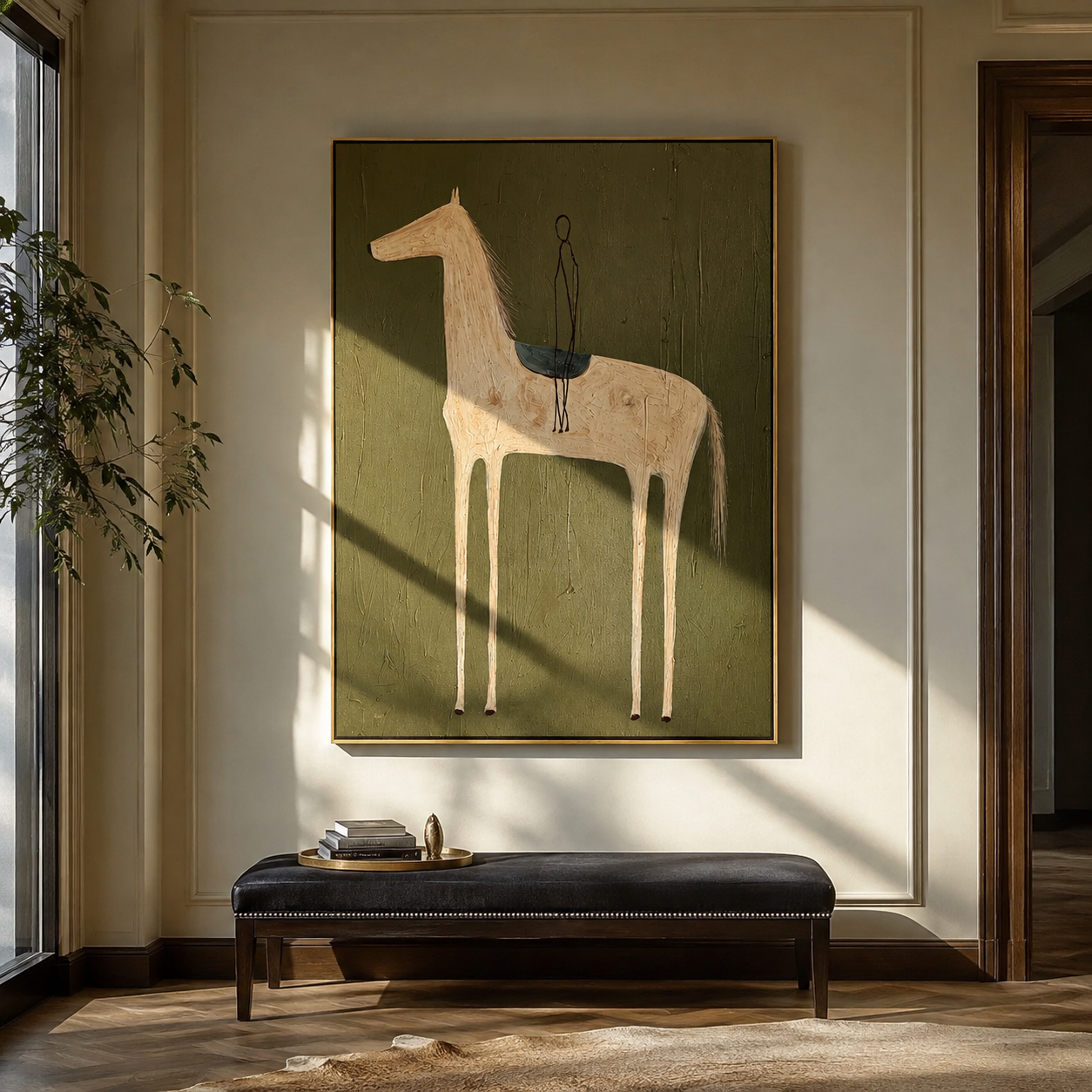 Empty Saddle Waits Green - minimal saddled horse painting by Elliot Vale, modern figurative vertical wall art - styled room scene view 2