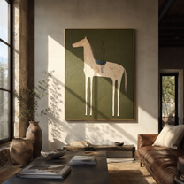 Empty Saddle Waits Green - minimal saddled horse painting by Elliot Vale, modern figurative vertical wall art - styled room scene view 3