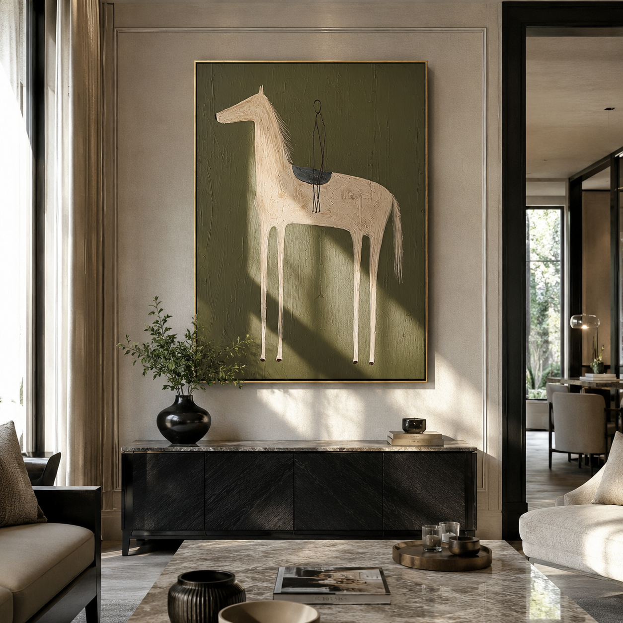 Empty Saddle Waits Green - minimal saddled horse painting by Elliot Vale, modern figurative vertical wall art - styled room scene view 4
