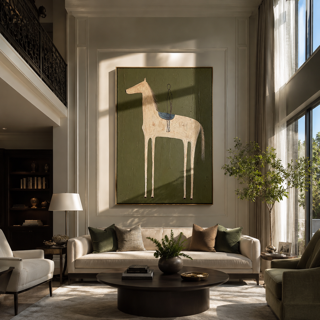Empty Saddle Waits Green - minimal saddled horse painting by Elliot Vale, modern figurative vertical wall art - styled room scene view 5