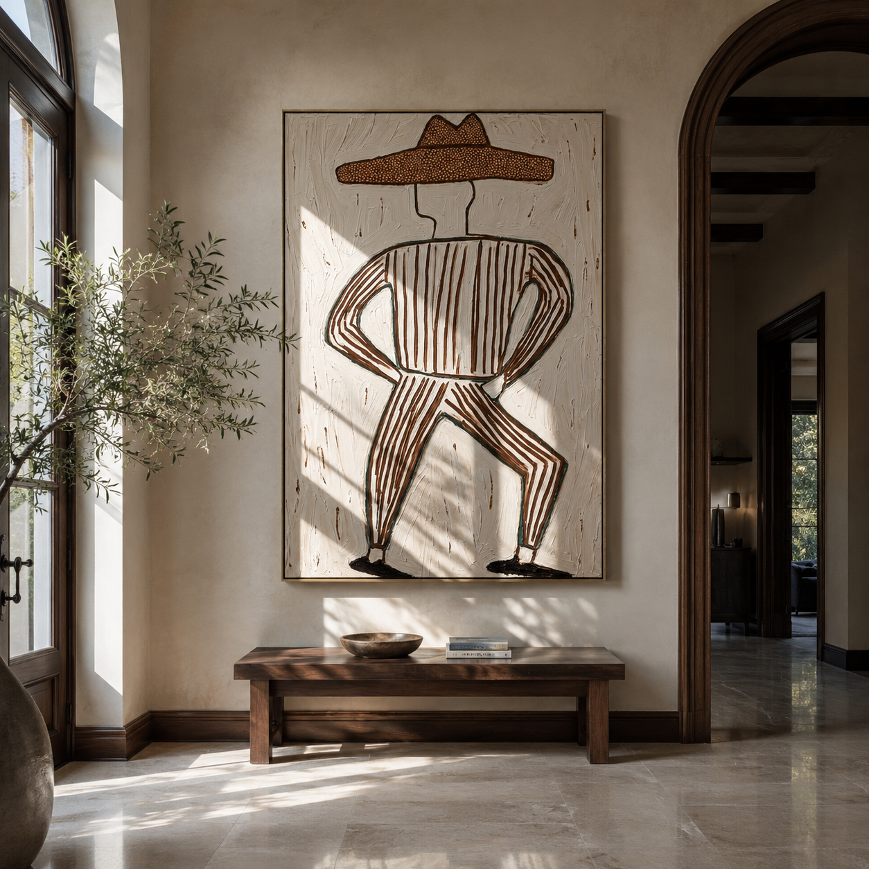 Striped Legs Dance Wide - dancing cowboy figure painting by Elliot Vale, modern figurative vertical wall art - styled room scene view 1