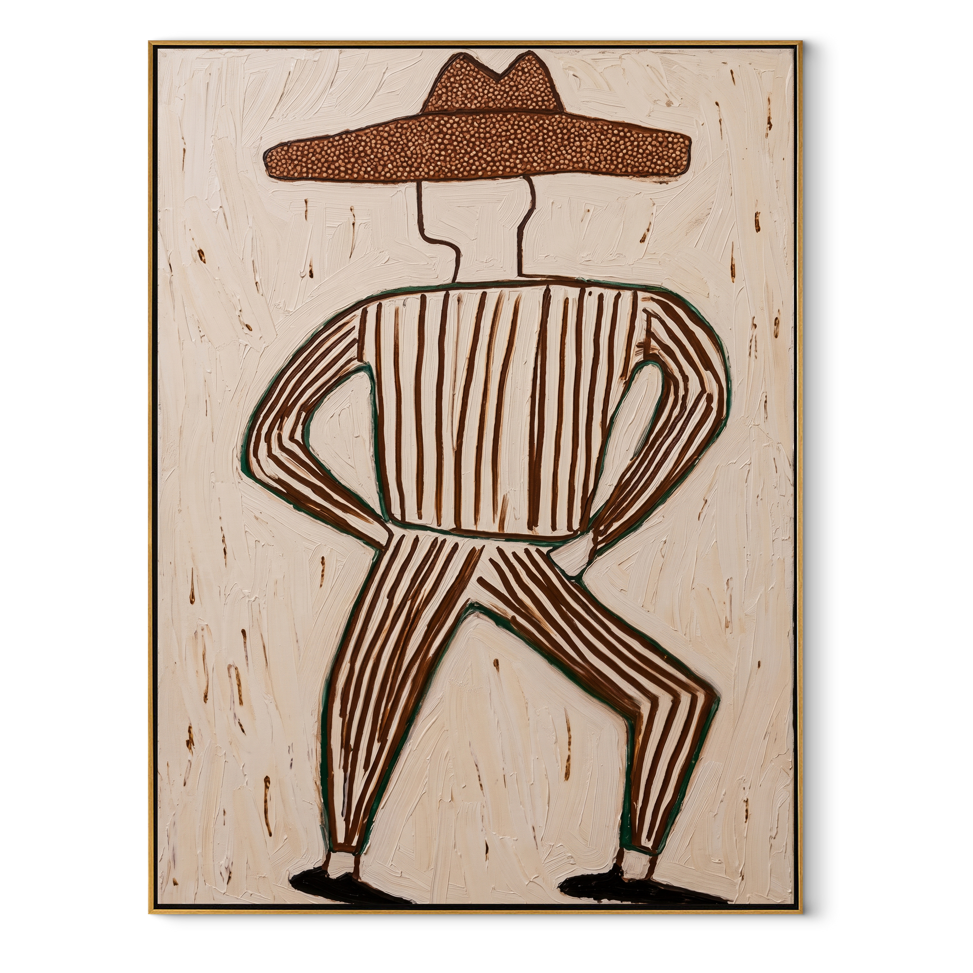 Striped Legs Dance Wide - dancing cowboy figure painting by Elliot Vale, modern figurative vertical wall art - wood frame on white background
