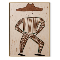 Striped Legs Dance Wide - dancing cowboy figure painting by Elliot Vale, modern figurative vertical wall art - wood frame on white background