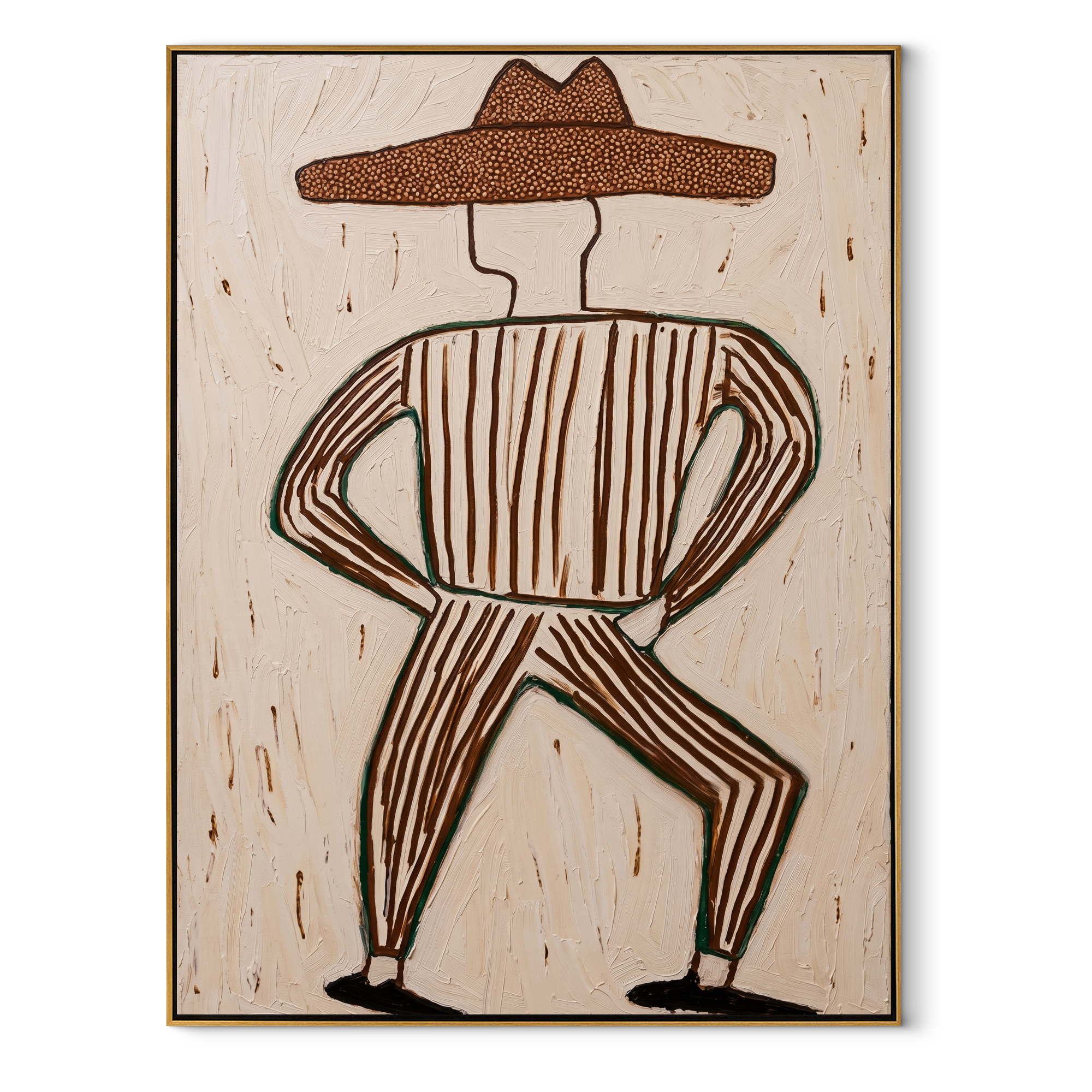 Striped Legs Dance Wide - dancing cowboy figure painting by Elliot Vale, modern figurative vertical wall art - wood frame on white background