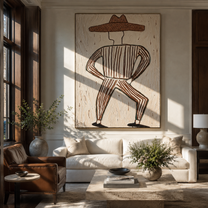 Striped Legs Dance Wide - dancing cowboy figure painting by Elliot Vale, modern figurative vertical wall art - styled room scene view 2