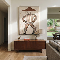Striped Legs Dance Wide - dancing cowboy figure painting by Elliot Vale, modern figurative vertical wall art - styled room scene view 3