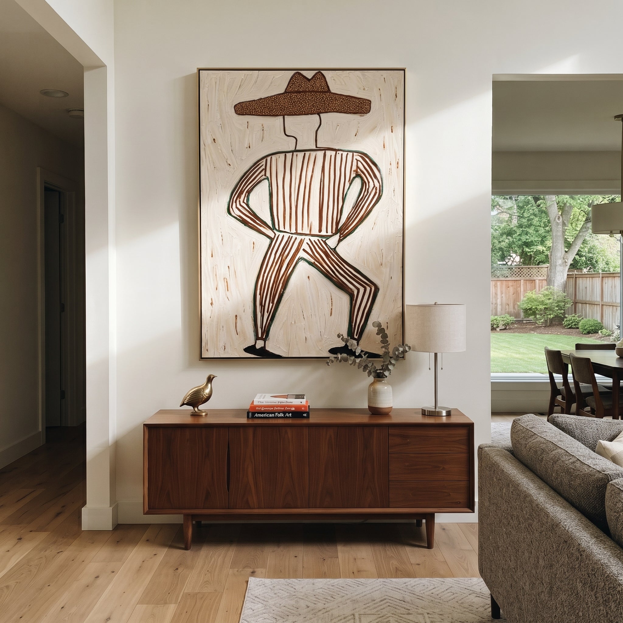 Striped Legs Dance Wide - dancing cowboy figure painting by Elliot Vale, modern figurative vertical wall art - styled room scene view 3