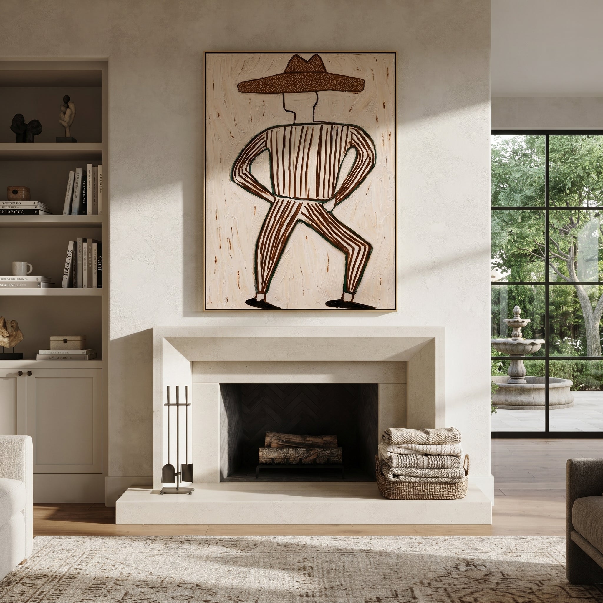 Striped Legs Dance Wide - dancing cowboy figure painting by Elliot Vale, modern figurative vertical wall art - styled room scene view 4