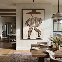 Striped Legs Dance Wide - dancing cowboy figure painting by Elliot Vale, modern figurative vertical wall art - styled room scene view 5