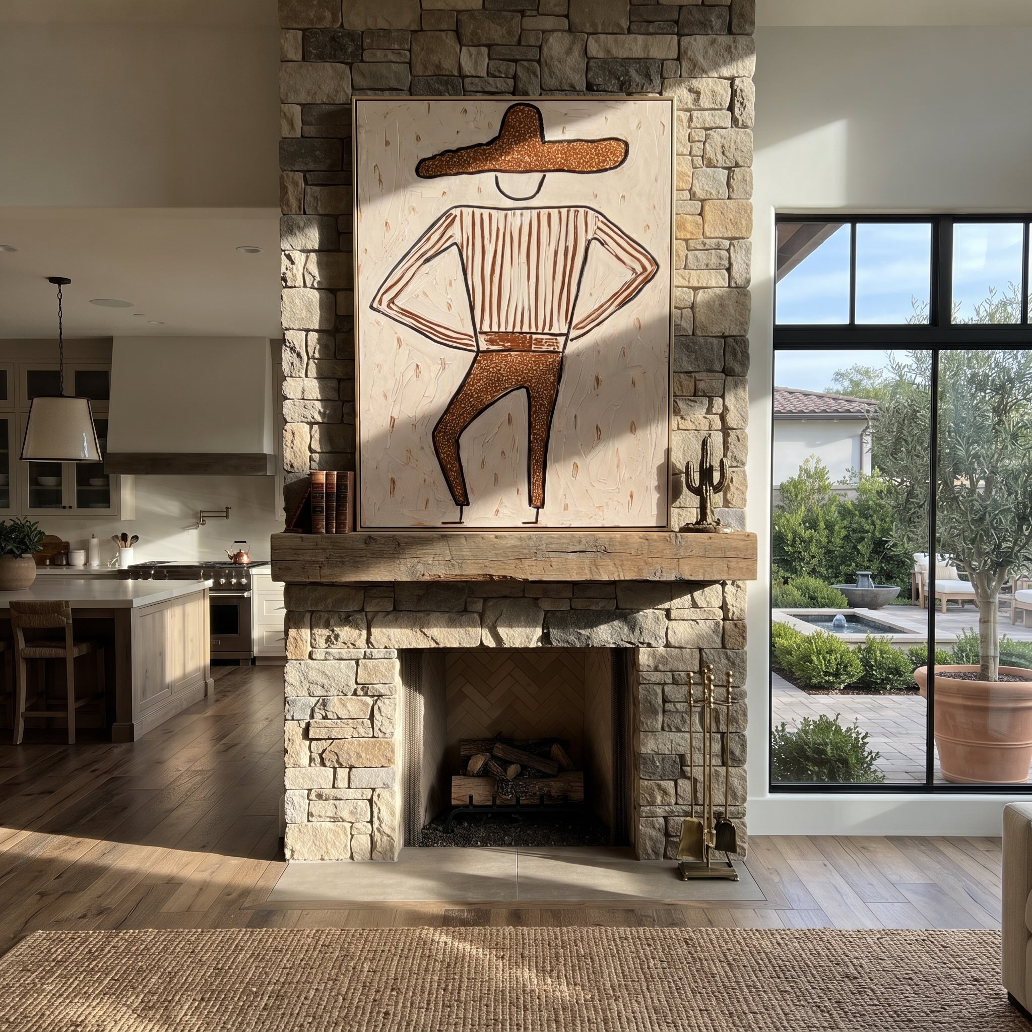 Brown Trousers Break Rhythm - dancing western figure painting by Elliot Vale, modern figurative vertical wall art - styled room scene view 1