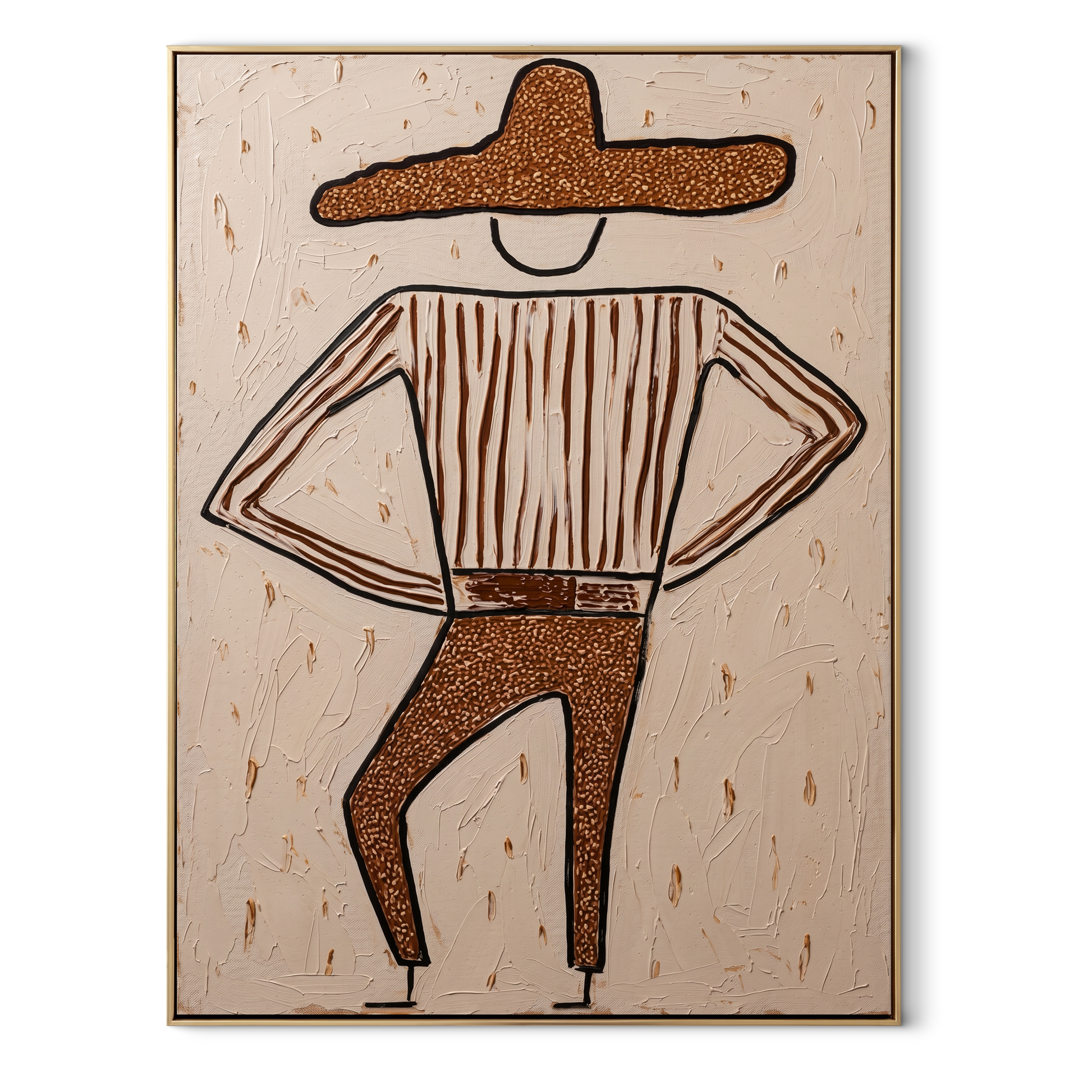 Brown Trousers Break Rhythm - dancing western figure painting by Elliot Vale, modern figurative vertical wall art - wood frame on white background