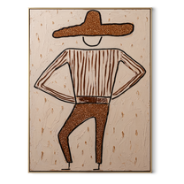 Brown Trousers Break Rhythm - dancing western figure painting by Elliot Vale, modern figurative vertical wall art - wood frame on white background