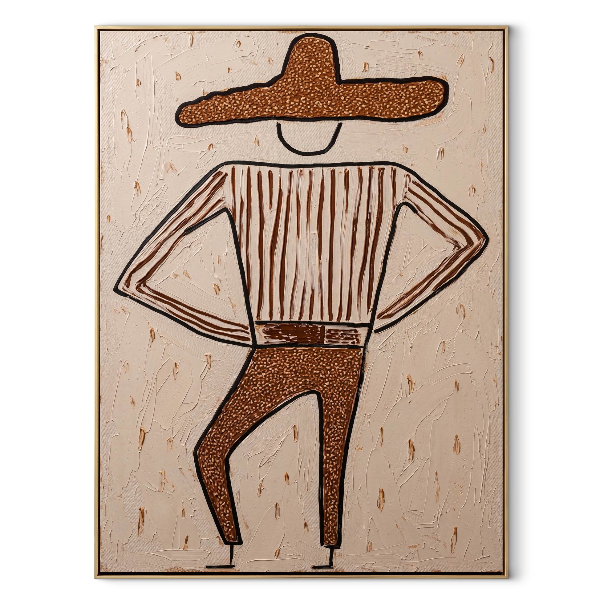 Brown Trousers Break Rhythm - dancing western figure painting by Elliot Vale, modern figurative vertical wall art - wood frame on white background