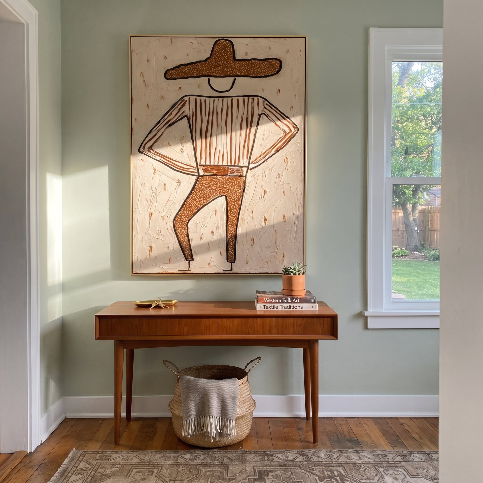Brown Trousers Break Rhythm - dancing western figure painting by Elliot Vale, modern figurative vertical wall art - styled room scene view 2