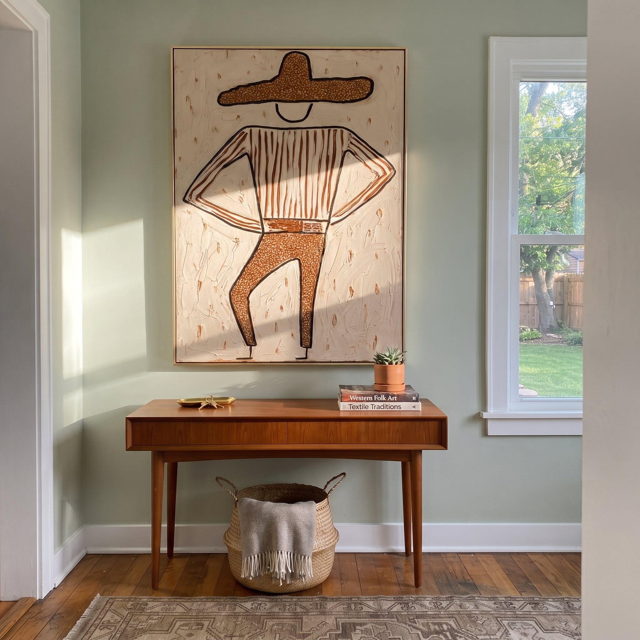 Brown Trousers Break Rhythm - dancing western figure painting by Elliot Vale, modern figurative vertical wall art - styled room scene view 2