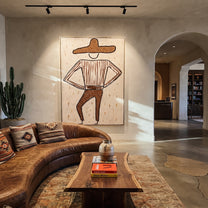 Brown Trousers Break Rhythm - dancing western figure painting by Elliot Vale, modern figurative vertical wall art - styled room scene view 3