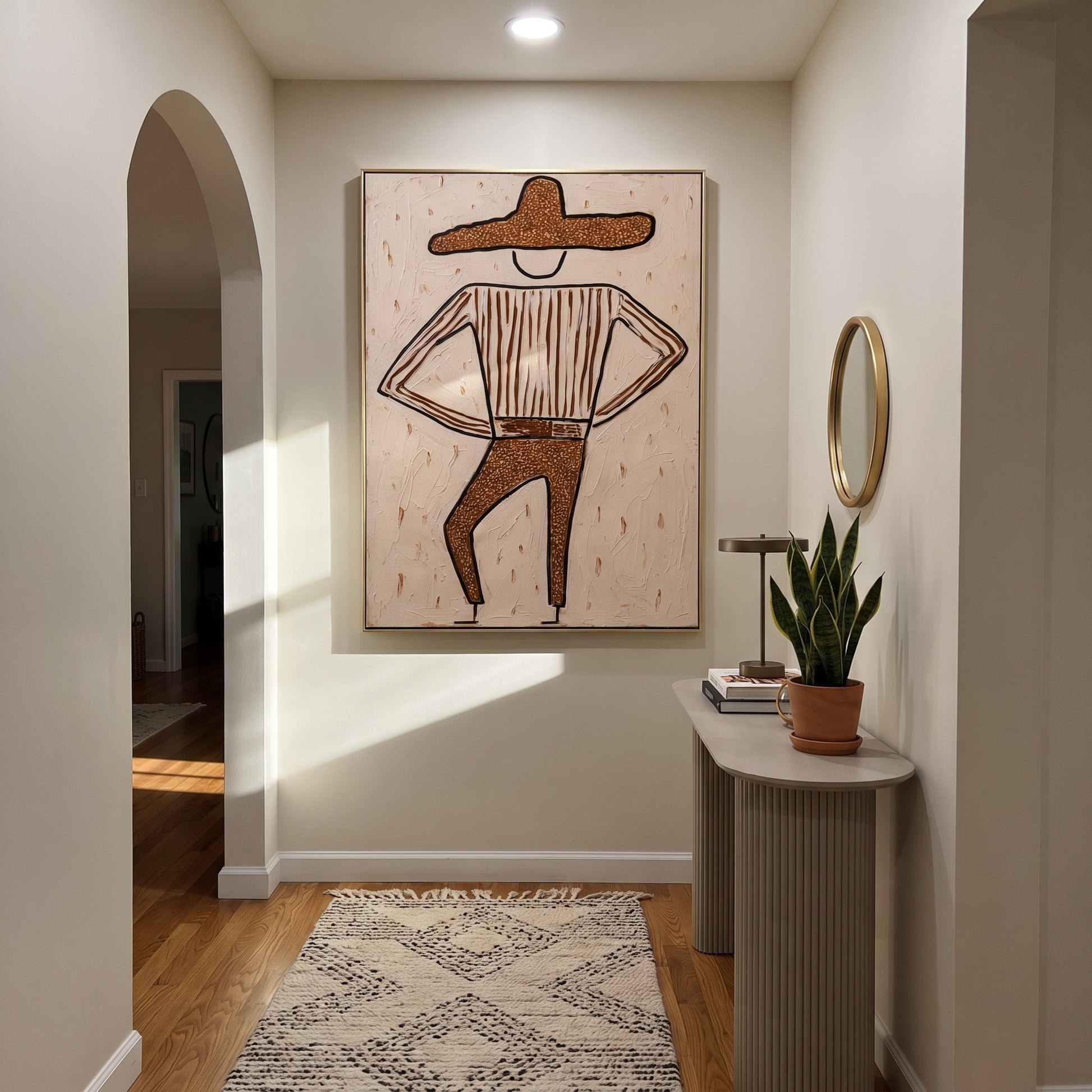 Brown Trousers Break Rhythm - dancing western figure painting by Elliot Vale, modern figurative vertical wall art - styled room scene view 4