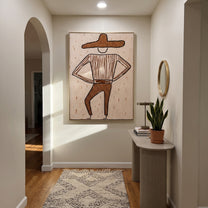 Brown Trousers Break Rhythm - dancing western figure painting by Elliot Vale, modern figurative vertical wall art - styled room scene view 4