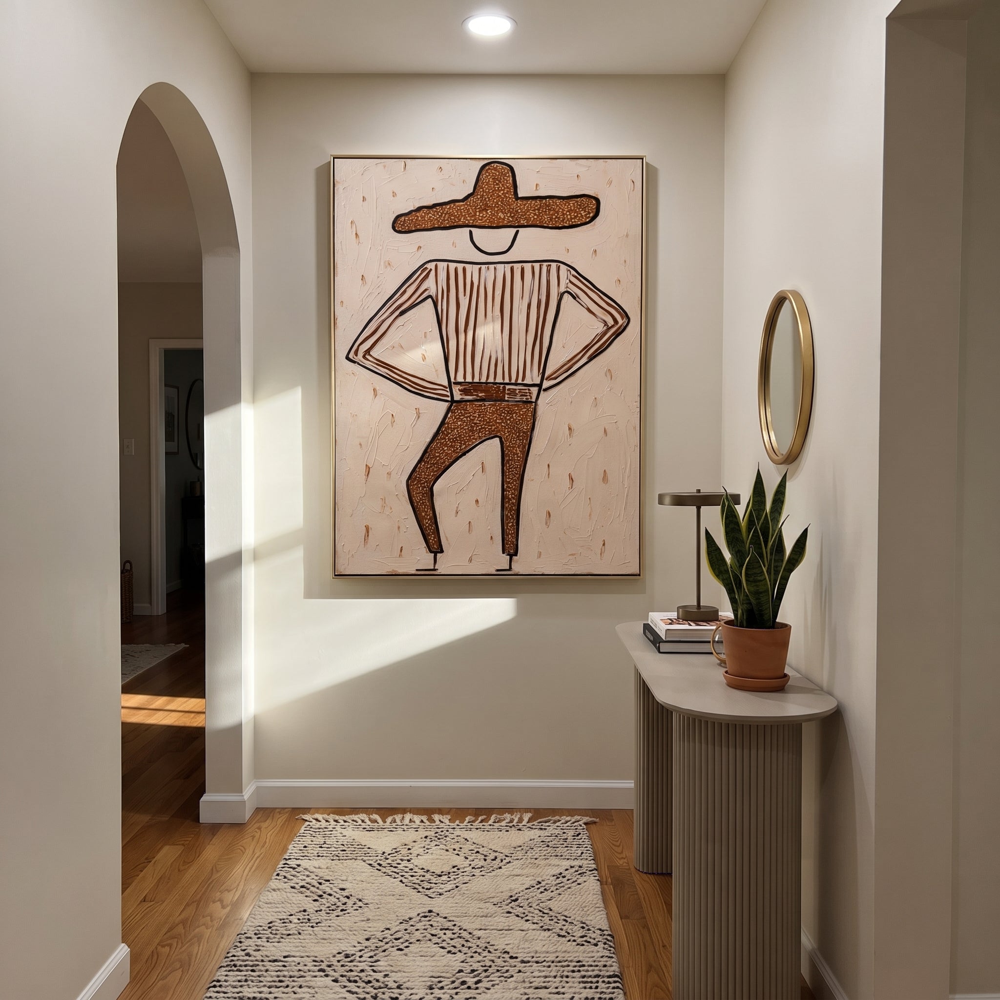 Brown Trousers Break Rhythm - dancing western figure painting by Elliot Vale, modern figurative vertical wall art - styled room scene view 4