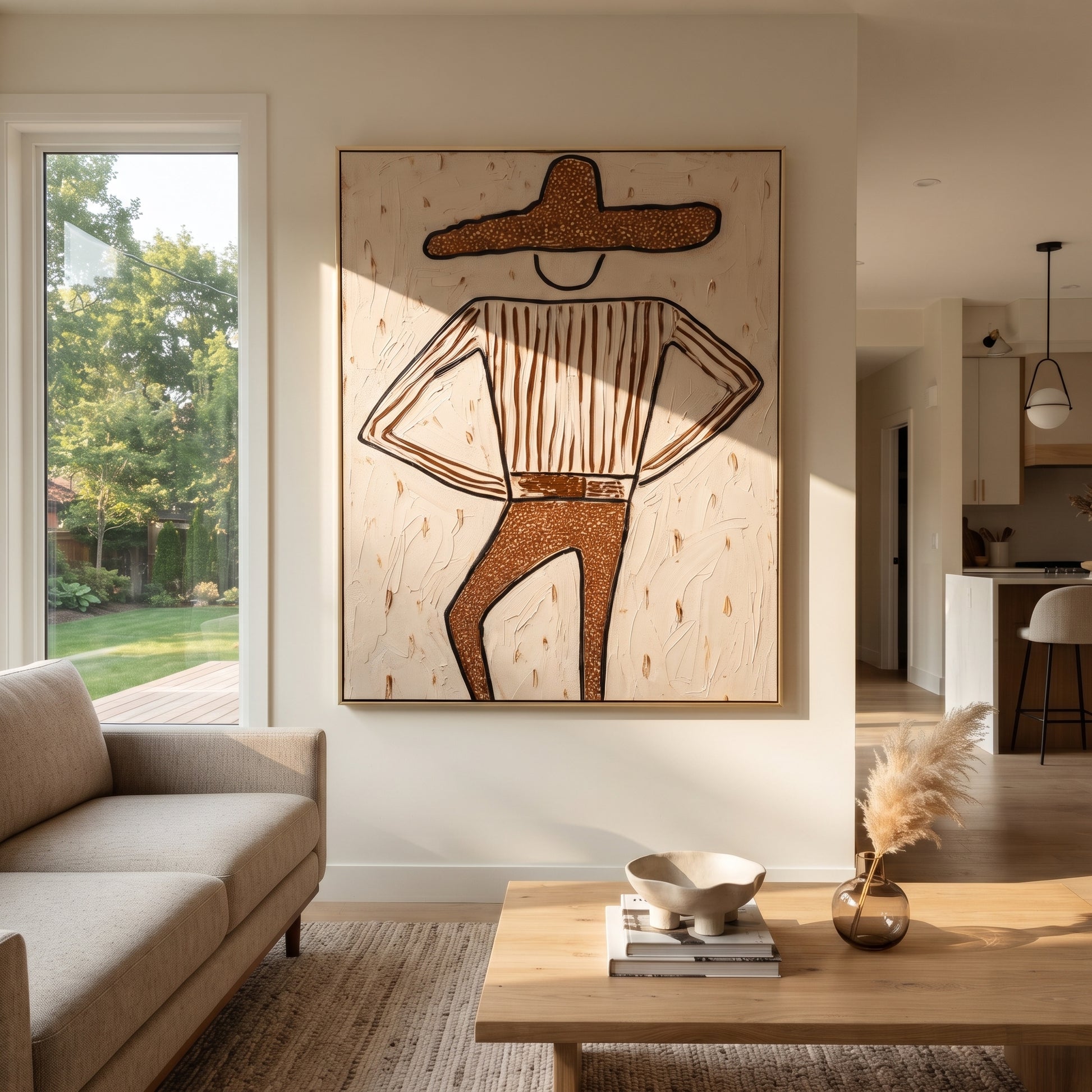 Brown Trousers Break Rhythm - dancing western figure painting by Elliot Vale, modern figurative vertical wall art - styled room scene view 5