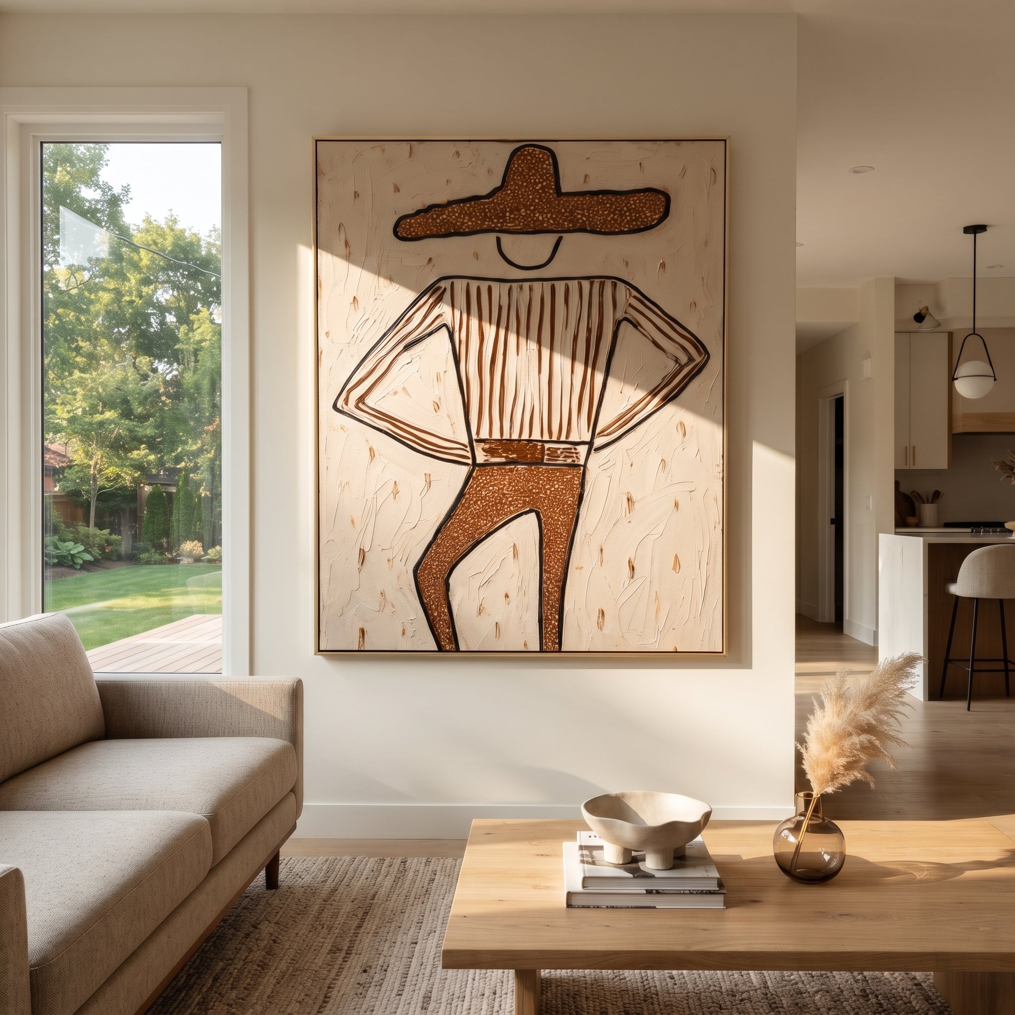 Brown Trousers Break Rhythm - dancing western figure painting by Elliot Vale, modern figurative vertical wall art - styled room scene view 5