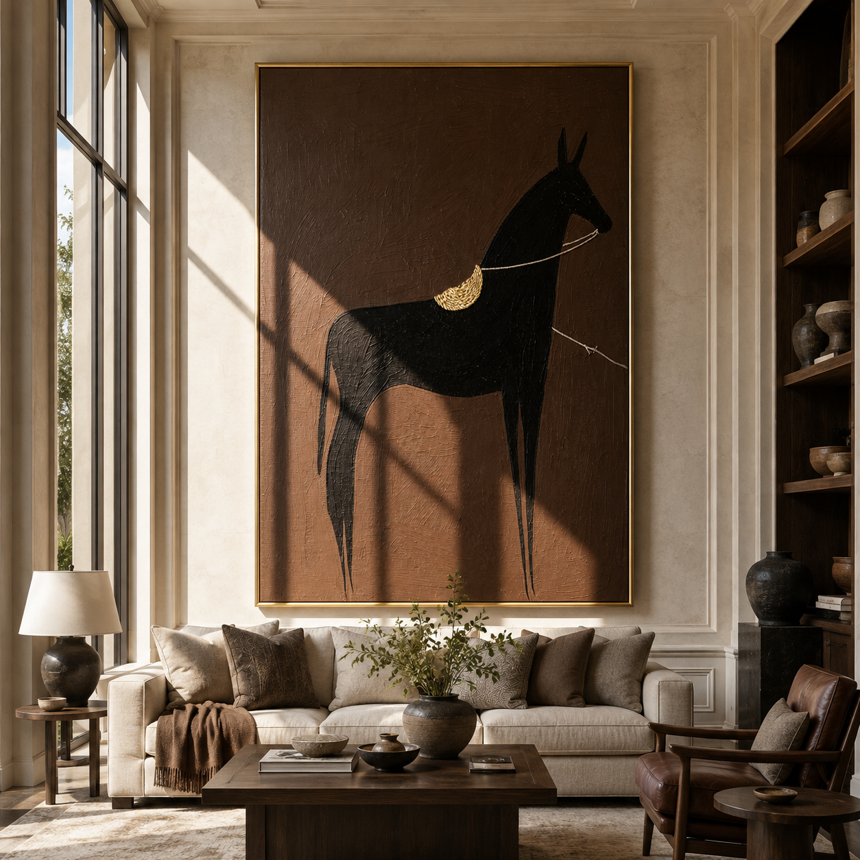 Black Horse Wears Gold - minimal black horse painting by Elliot Vale, modern figurative vertical wall art - styled room scene view 1